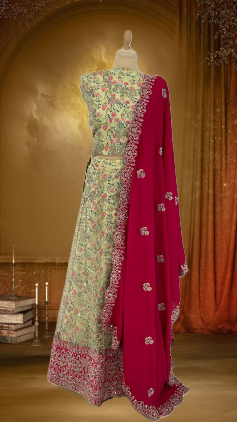 Amani Sage Green with Pink Dupatta Satin and Net Lehenga Set Eid outfit ideas (Unstitched)