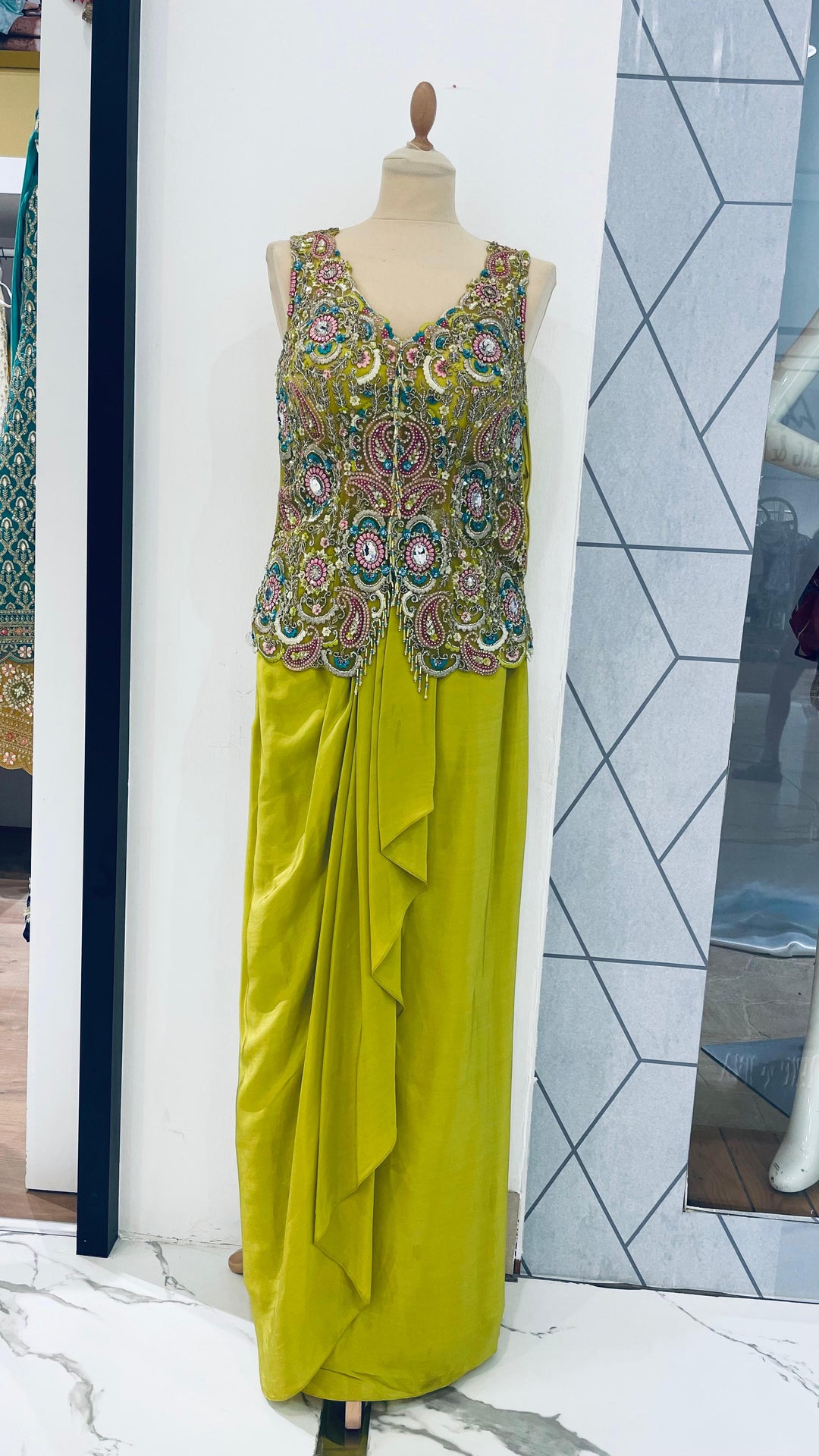 Navya Parrot Lime Green Bejeweled Blouse, Jacket and Drape Skirt Set (Ready-to-Wear)