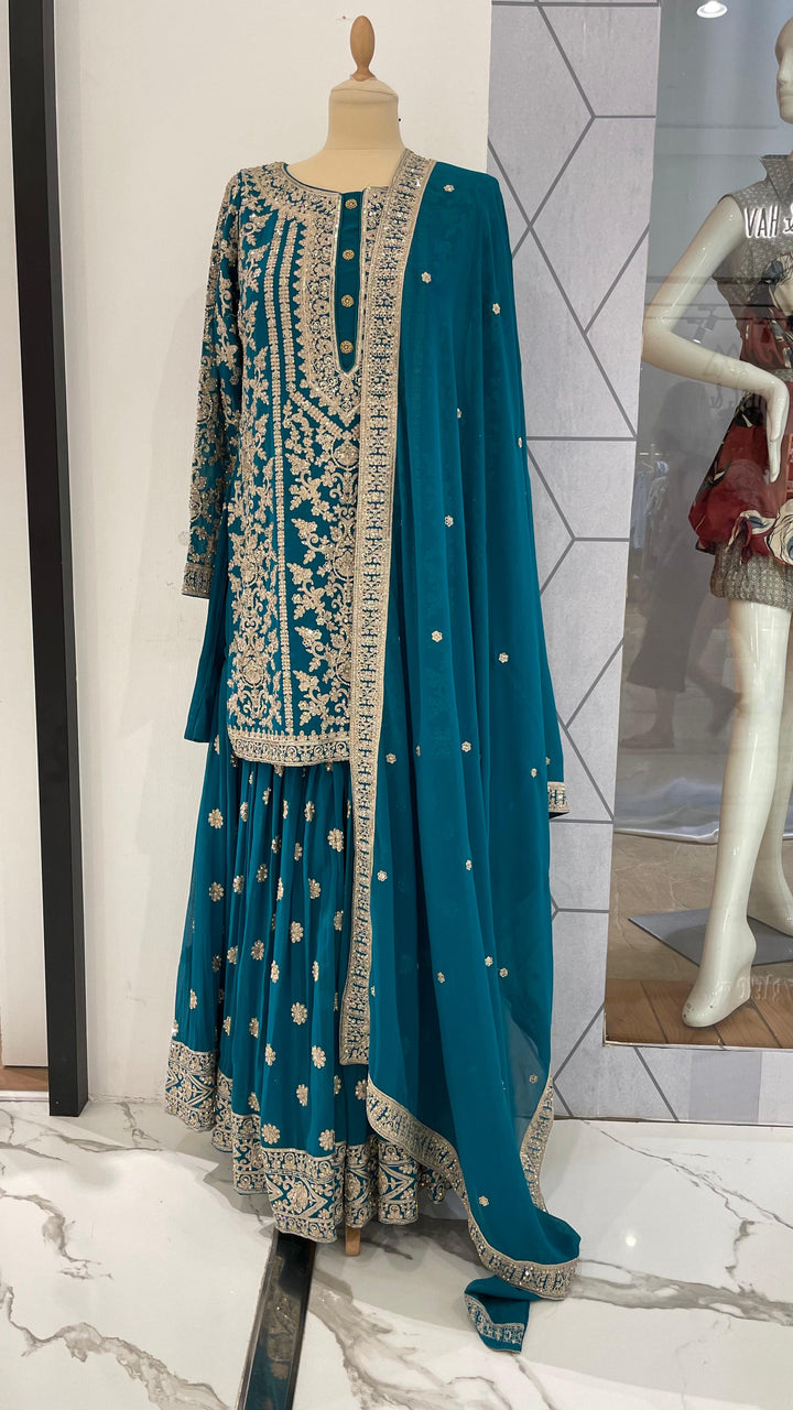 Navya Teal Blue Short kurta and  Sharara dresses (Ready to Wear)