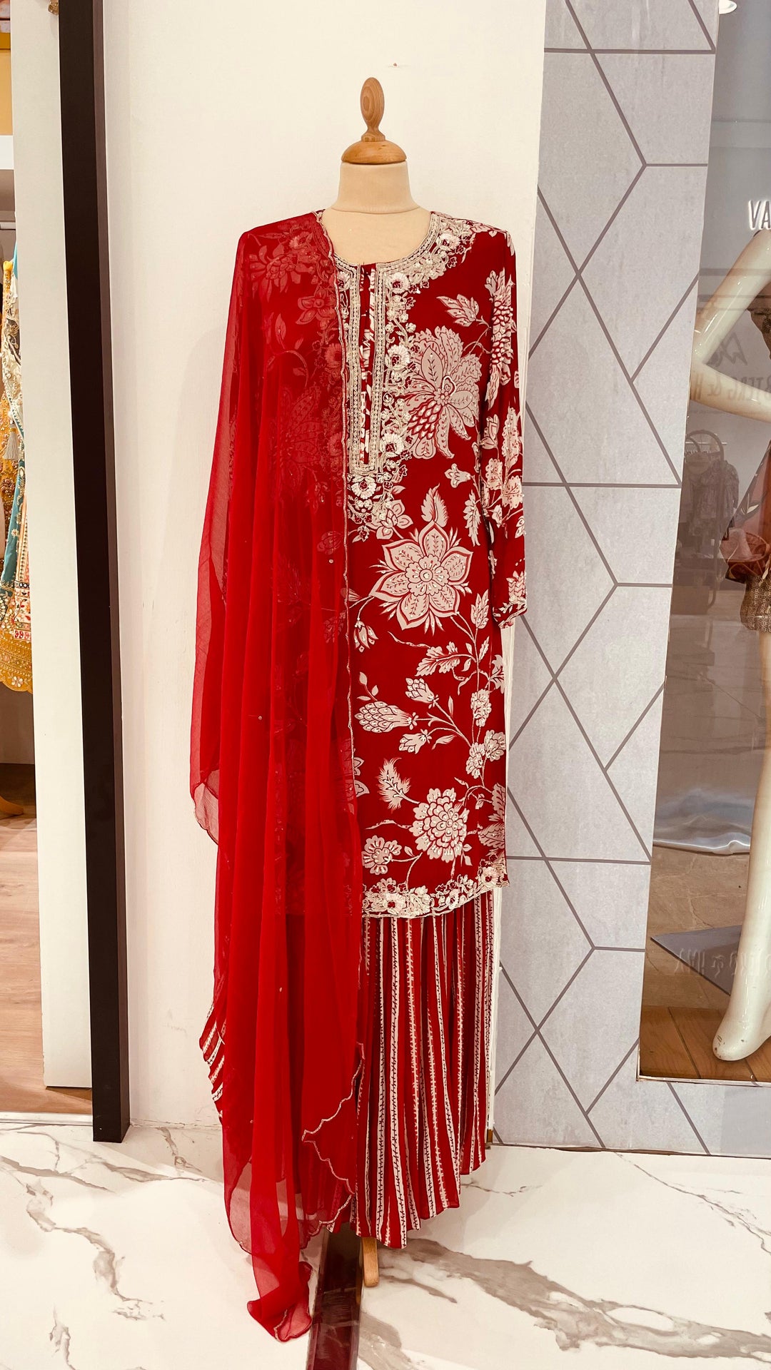 Navya Beaded Cherry Red Sharara Set Eid festive outfits(Ready to Wear)