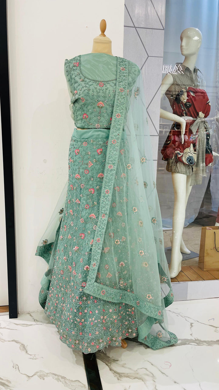 Shagun Sage Green with pink and Silver Net Lehenga (Unstitched)