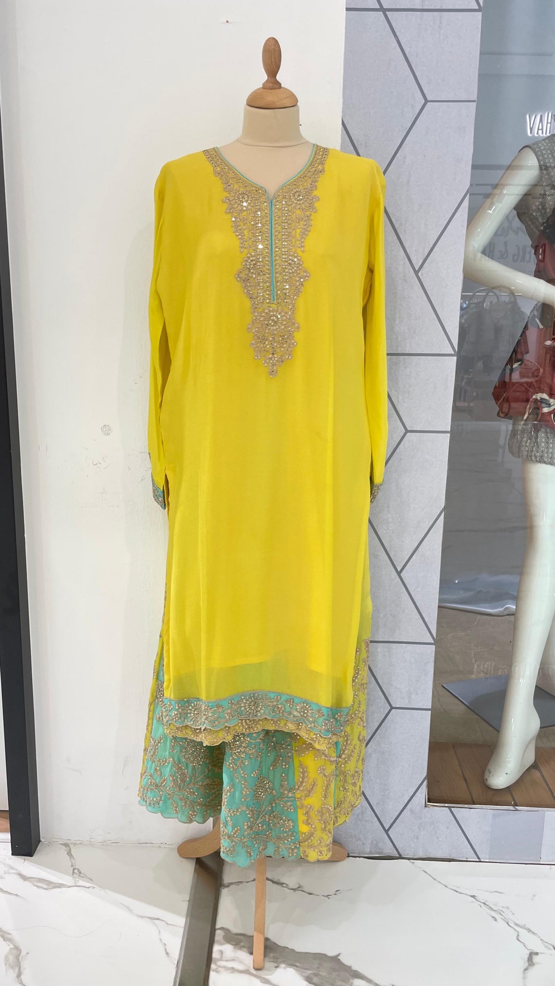 Navya Lime Yellow and  Mint Green Gota Sharara Ghararas set (Ready to Wear)