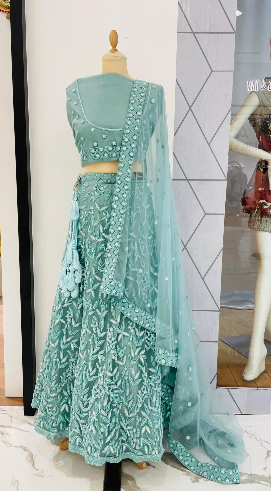 Shagun Ice Blue with Sequin and Silver Net Lehenga (Unstitched)