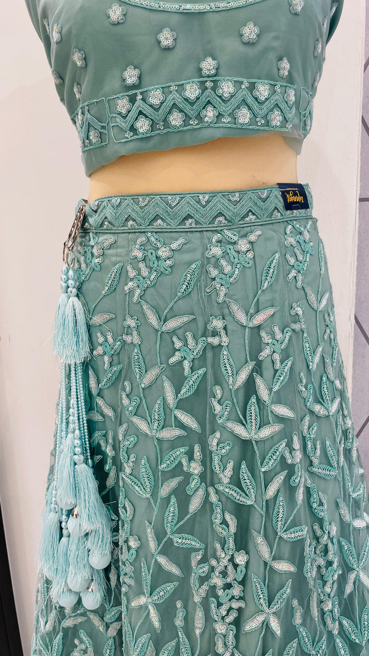 Shagun Ice Blue with Sequin and Silver Net Lehenga (Unstitched)