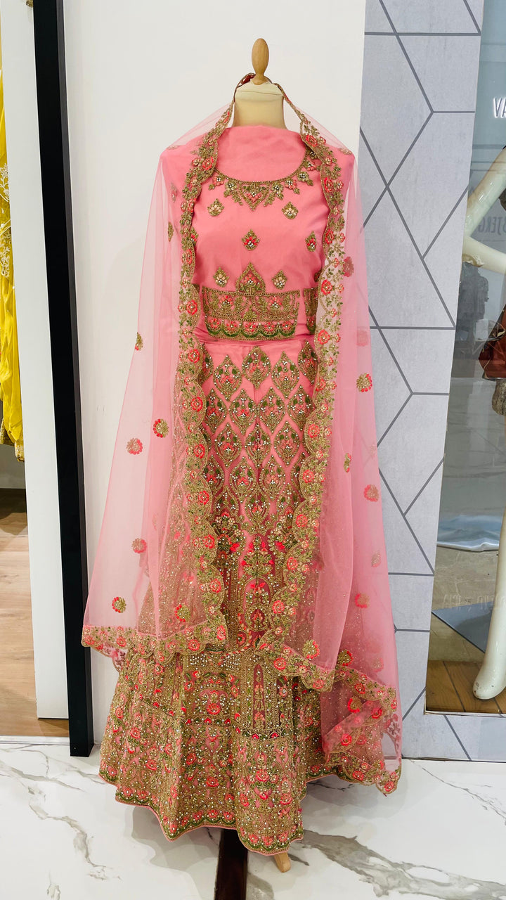 Shagun Rose Pink with Gold  Net Lehenga (Unstitched)
