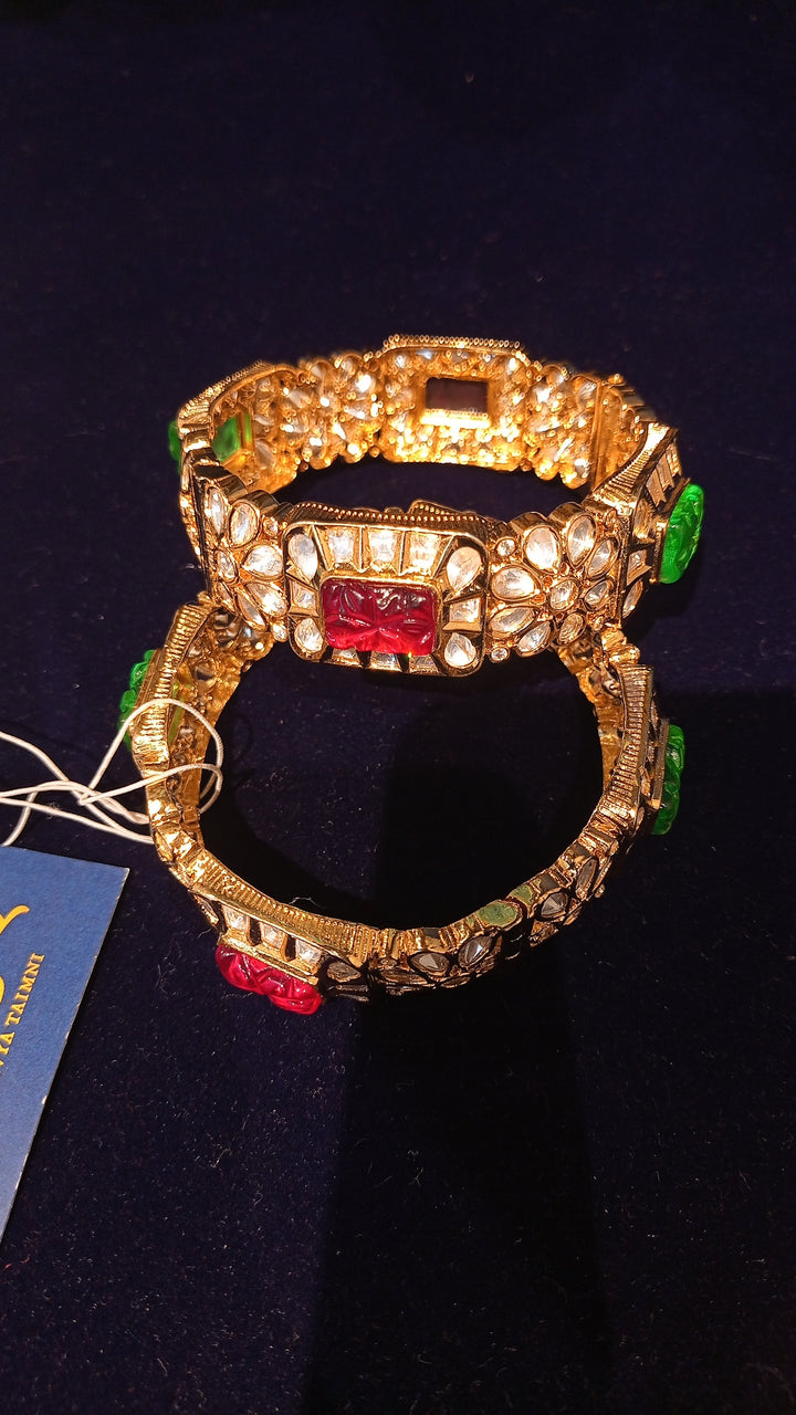 Lorina Kundan Polki Diamonds with Ruby and Emerald Gemstones Bracelet Set