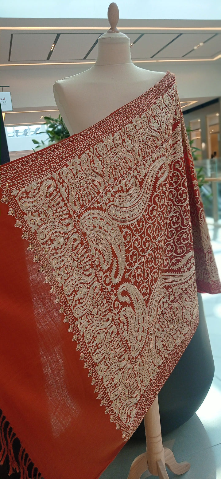 Arazou Orange-Rust Embroidered Mixed Cashmere Scarf