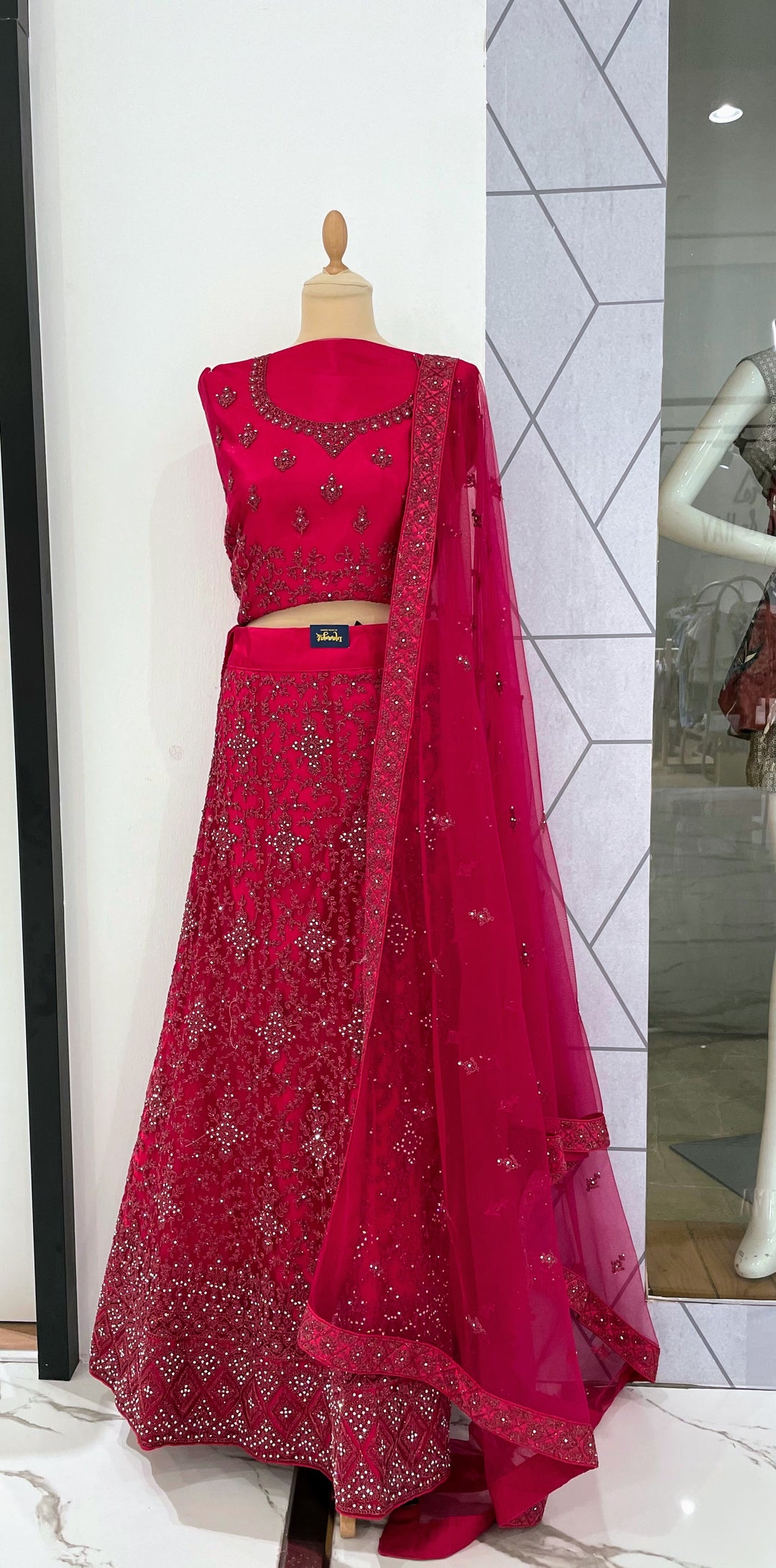Amani Red Monochromatic Satin and Net Lehenga Set Ramadan outfits and Eid dresses in Dubai (Unstitched)