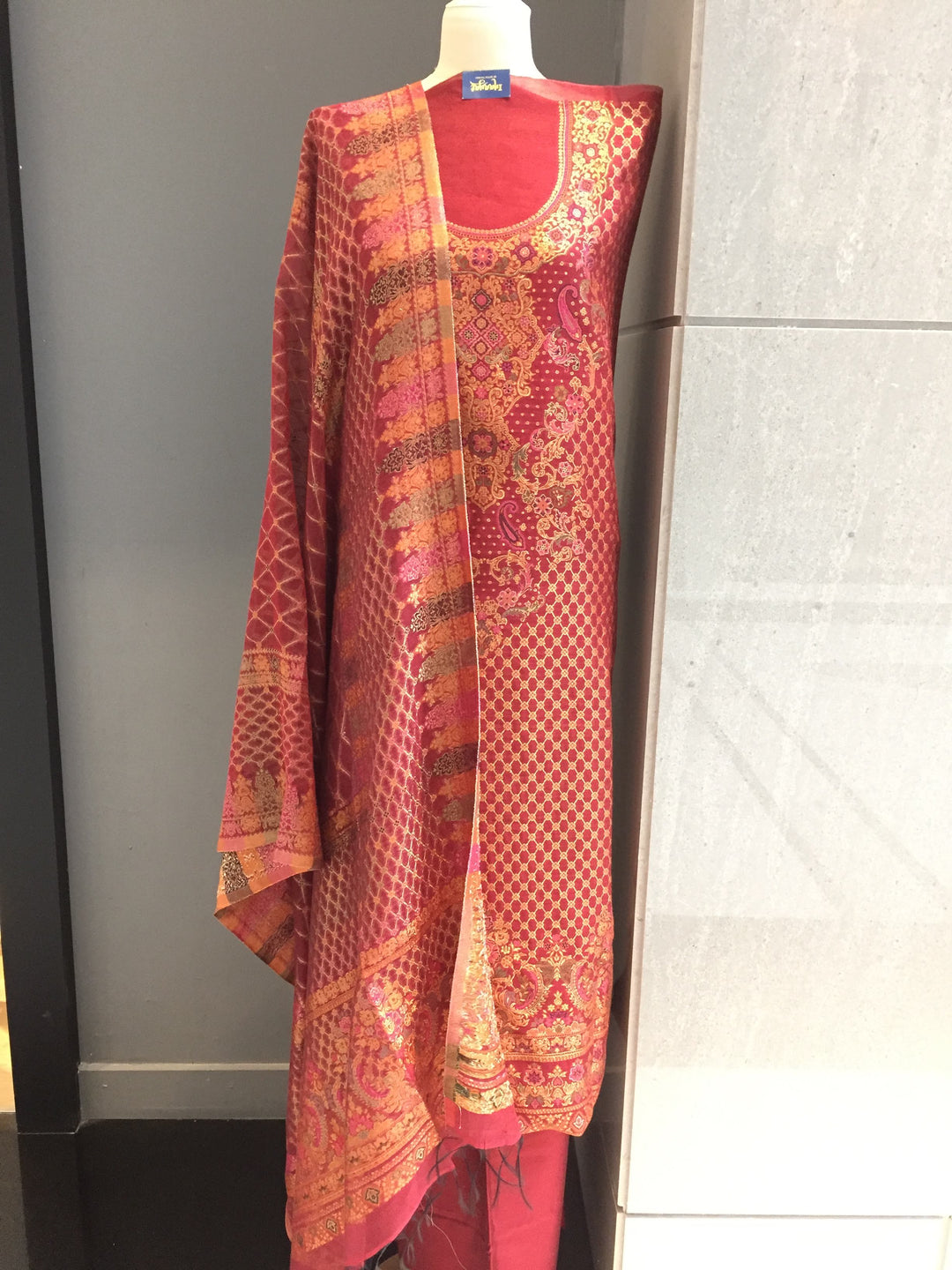 Gitasha Deep Red, Gold Zari and Turquoise Cotton Silk Suit Set (Unstitched)