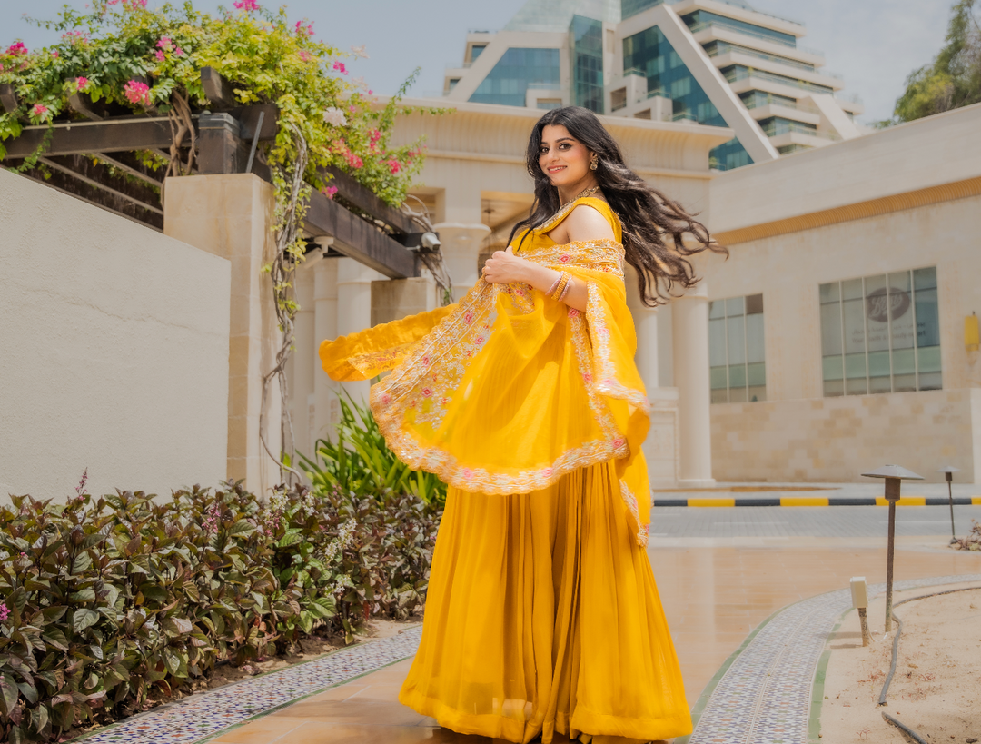 Navya Mustard Yellow and Pink Floral Cape and Lehenga Set (Ready-to-Wear)