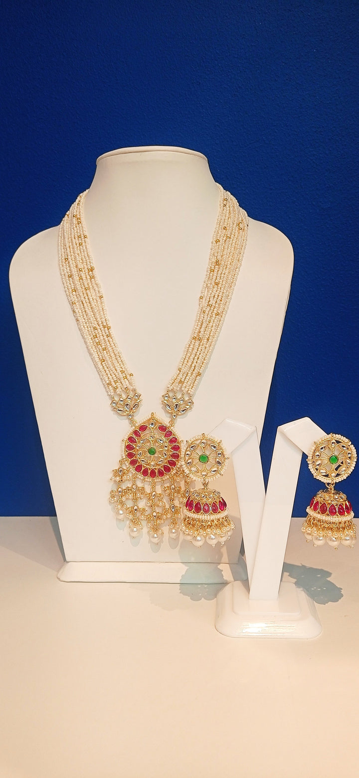 Reena Rice Pearl Kundan Pendant Necklace and Jhumka Earrings Set