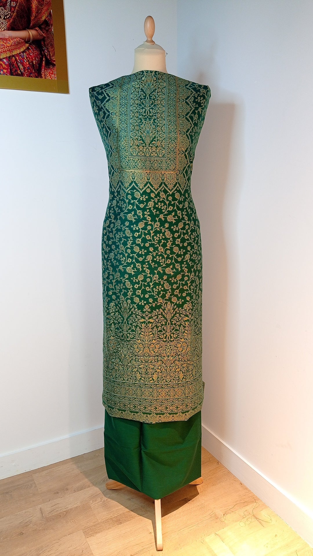 Gitasha Emerald Green and Gold Zari Cotton Silk Suit Set (Unstitched)