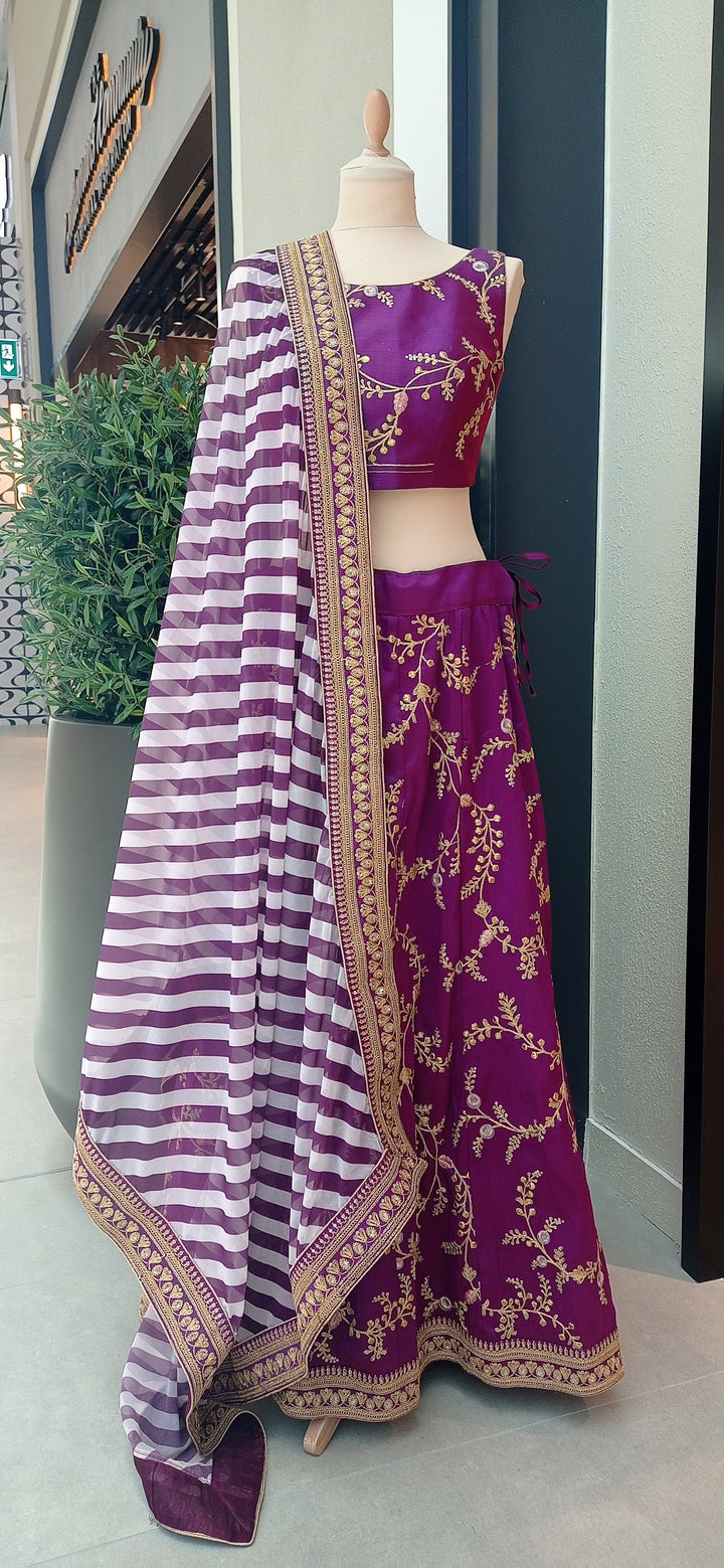 Shagun Purple Raw Silk Lehenga with a Striped Dupatta (Ready-to-Wear)