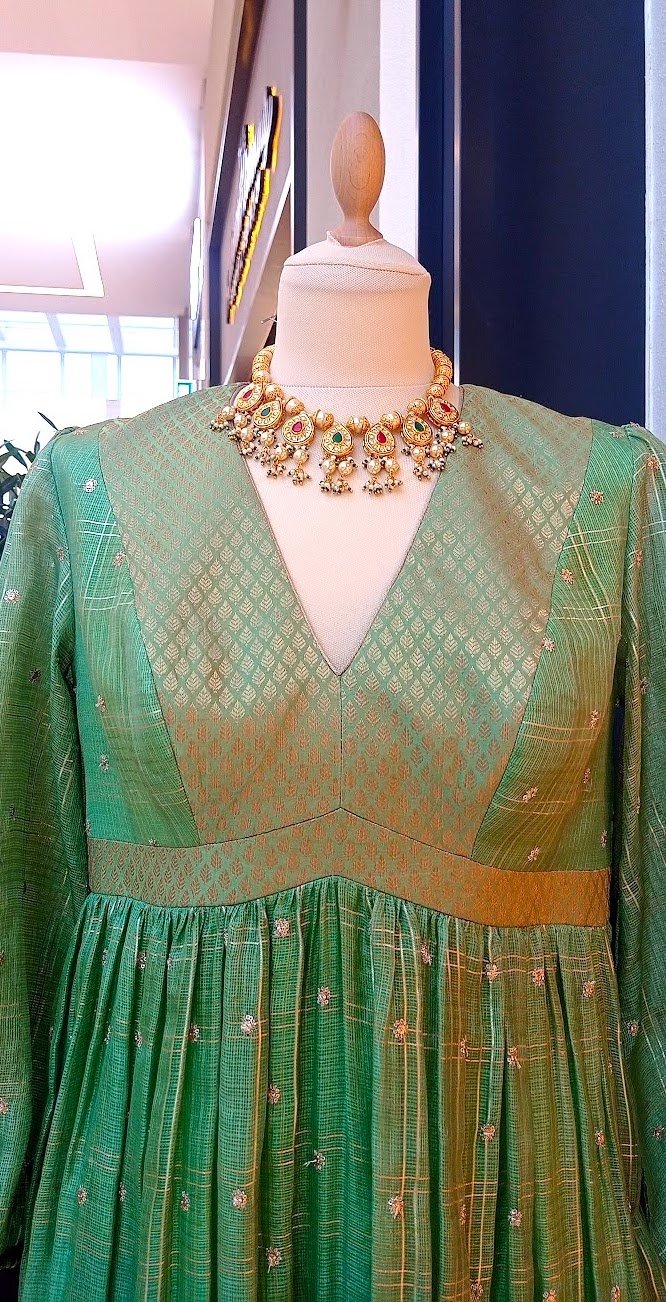 Oksana Modest Green Chanderi Silk and Brocade Maxi Dress