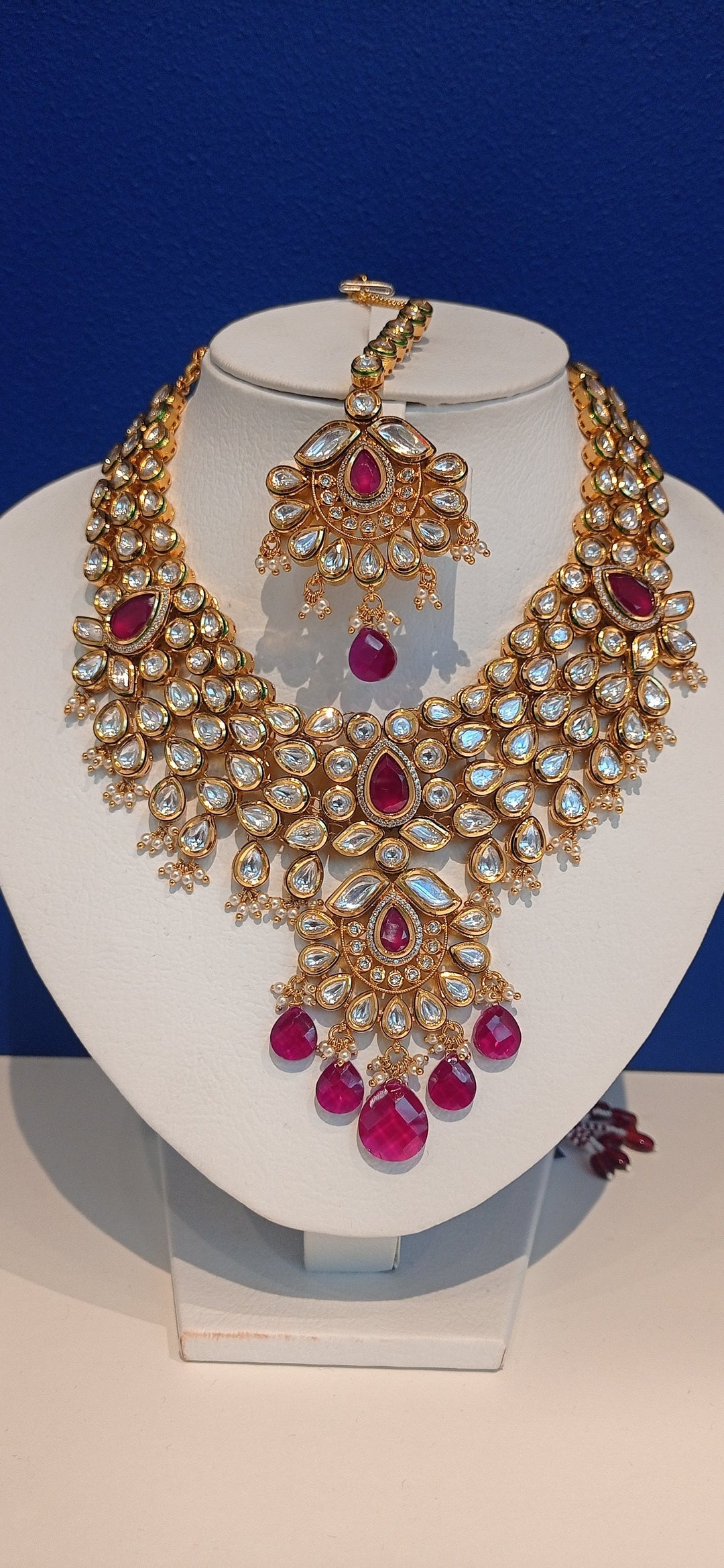 Radha Ruby and Polki Diamond Bridal Kundan Earrings, Kanras, Necklace and Maang Teeka Jewellery Set