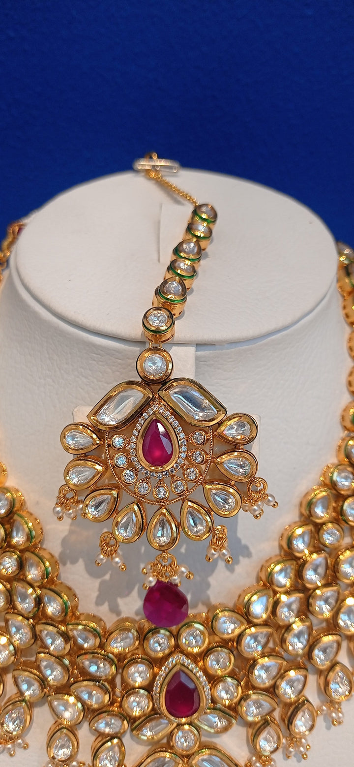 Radha Ruby and Polki Diamond Bridal Kundan Earrings, Kanras, Necklace and Maang Teeka Jewellery Set