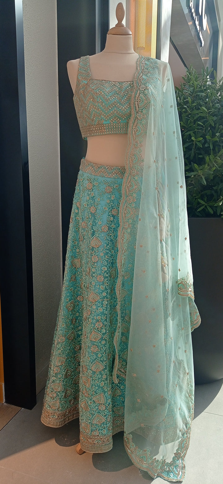 Jasmine Turquoise and Gold Lehenga with Embroidered Gingko Leaves (Ready-to-Wear)