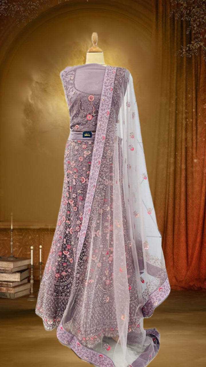 Shagun Lilac with pink and Silver Net Lehenga (Unstitched)