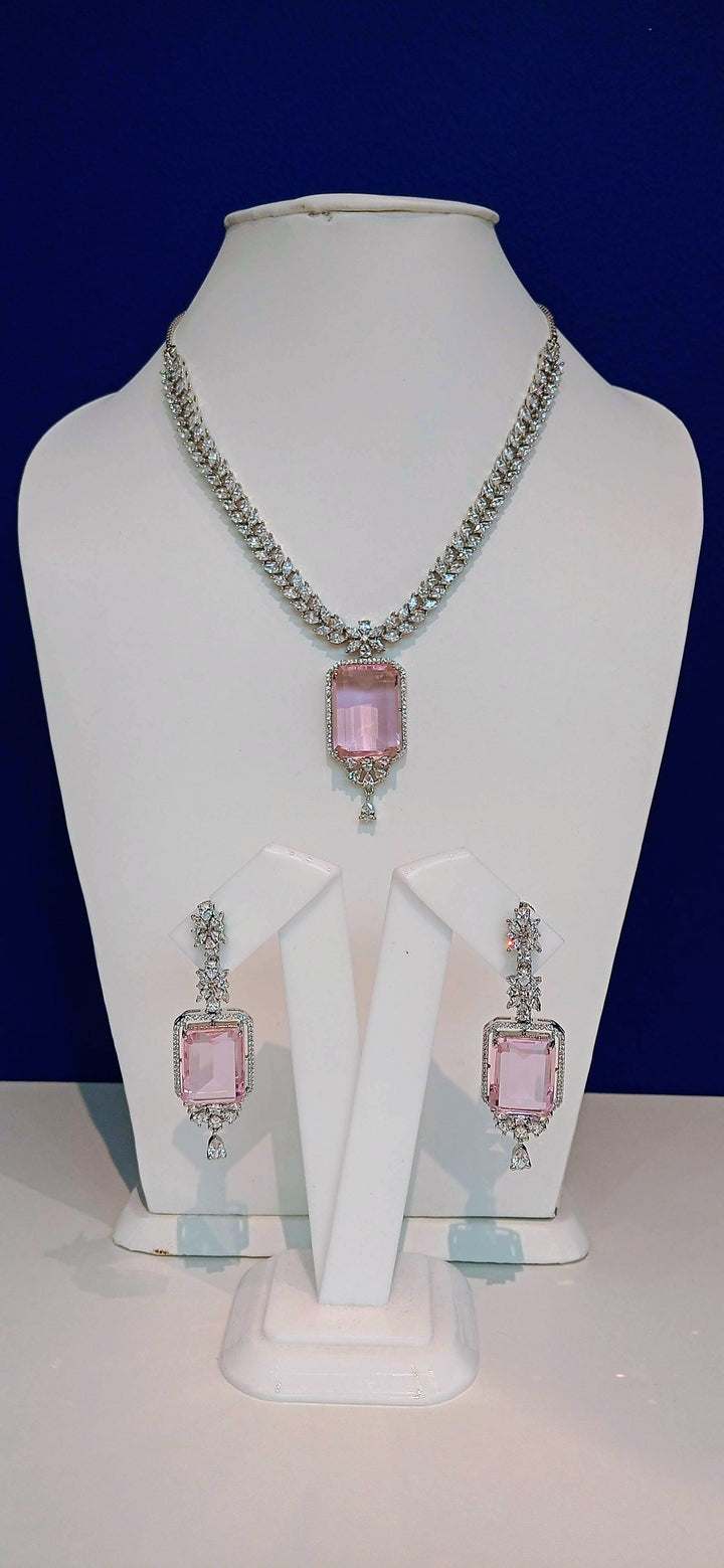 Dua Statement Pink Pendant and Zircon Diamond Necklace and Earrings Set
