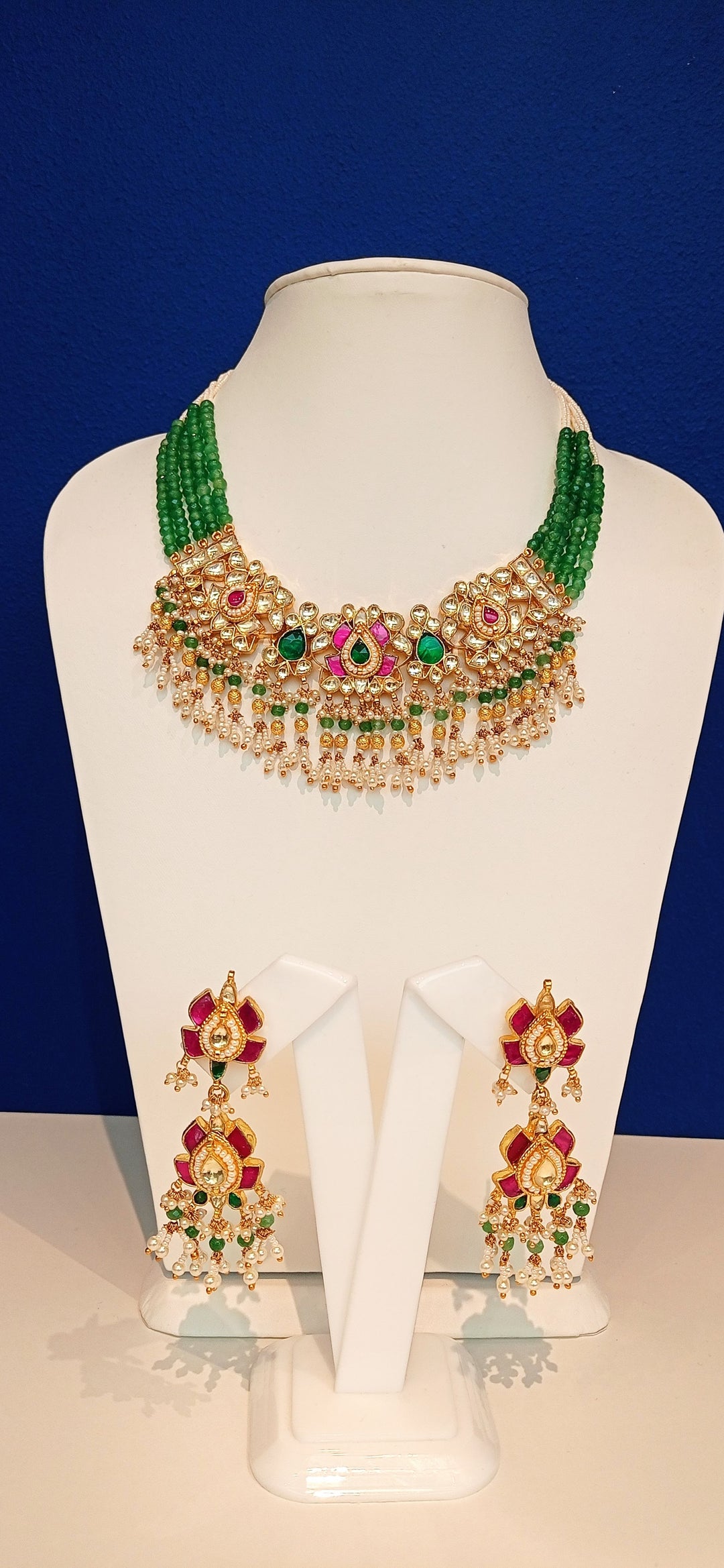 Ashmita Delicate Forest Green and Floral Ruby Kundan and Beads Necklace and Earrings Set