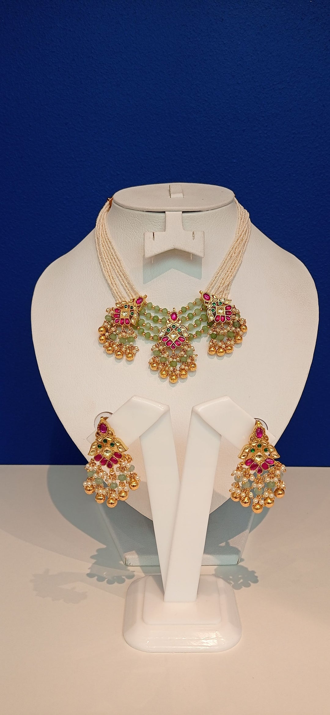 Rashmi Mint Green, White and Ruby Floral Necklace and Earrings Set