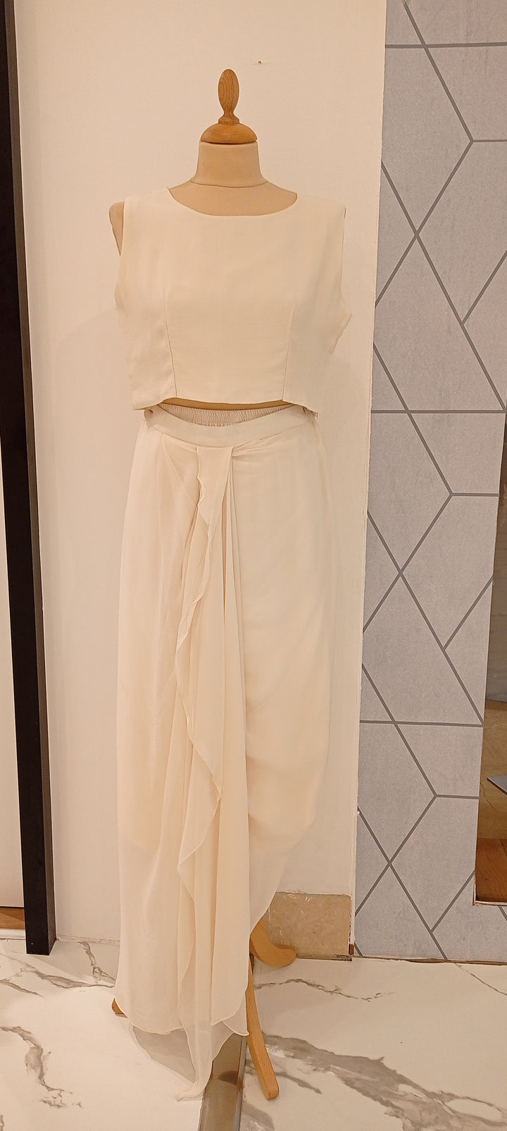 Navya Ivory White Crop Top, Crop Jacket and Dhoti Skirt (Ready to Wear)