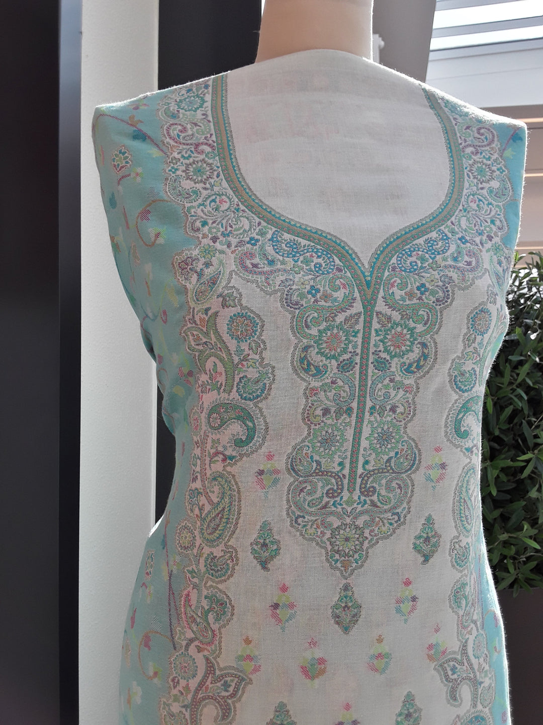 Gitasha White and Turquoise Paisley Cotton Silk Suit Set (Unstitched)