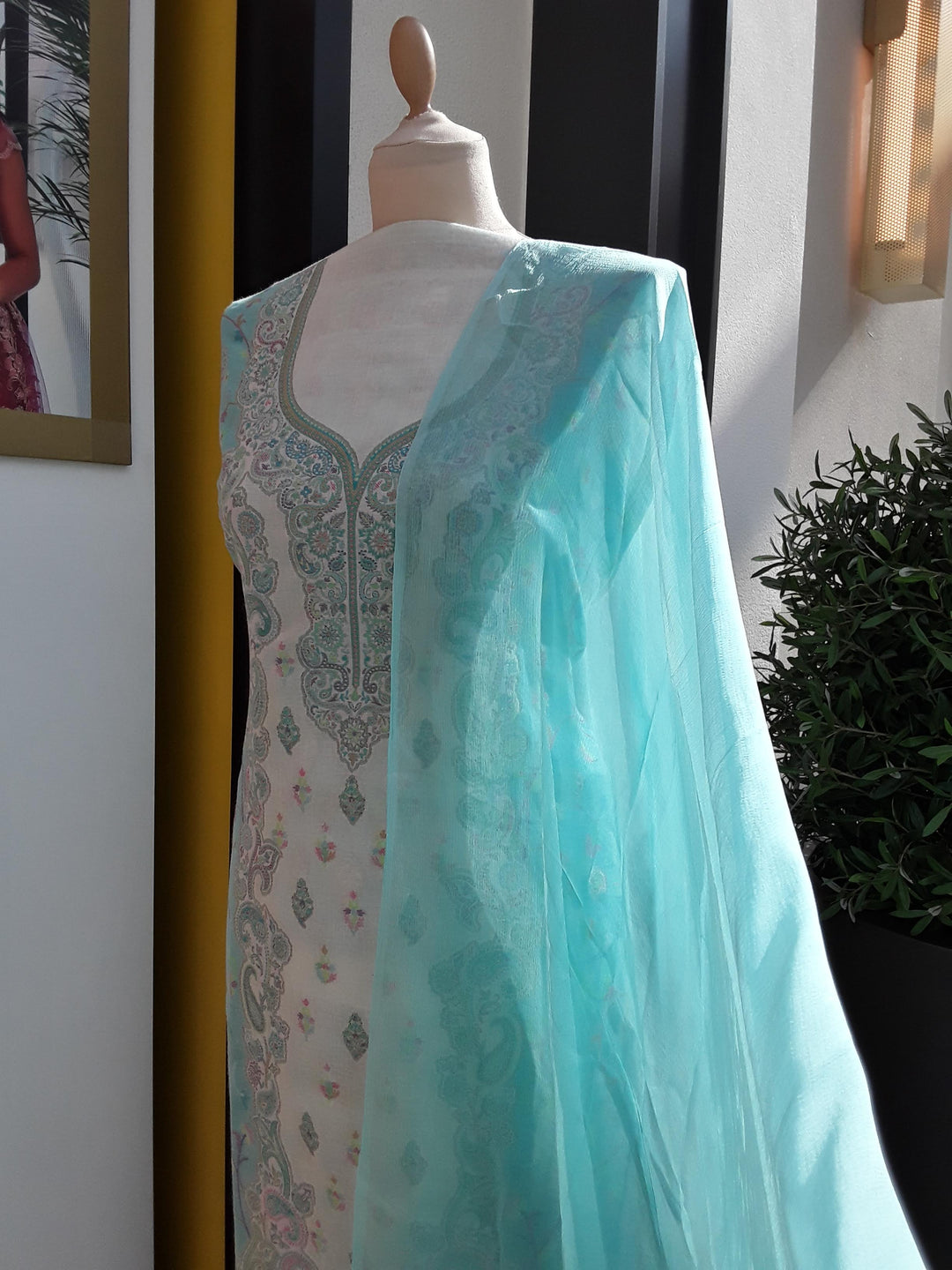 Gitasha White and Turquoise Paisley Cotton Silk Suit Set (Unstitched)