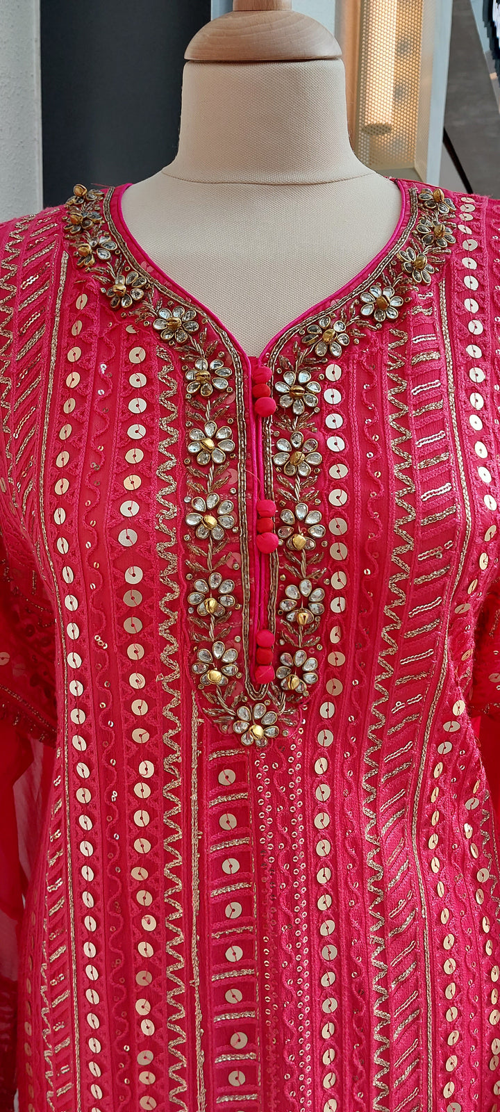 Navya Rani Pink Georgette Kurta and Lehenga Set (Semi-Stitched)