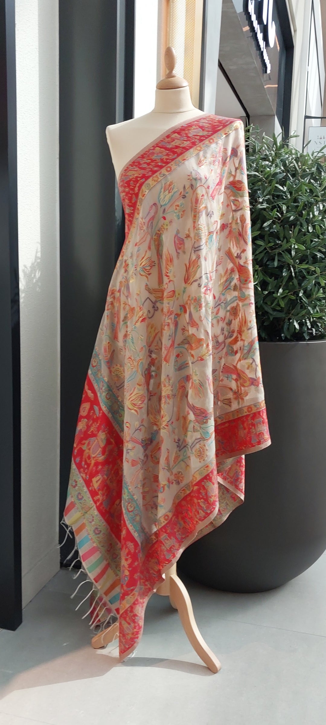 The "Archana" Cream and Red Kattan Silk Dupatta with Vibrant Birds and Animals on the Border (NEW)