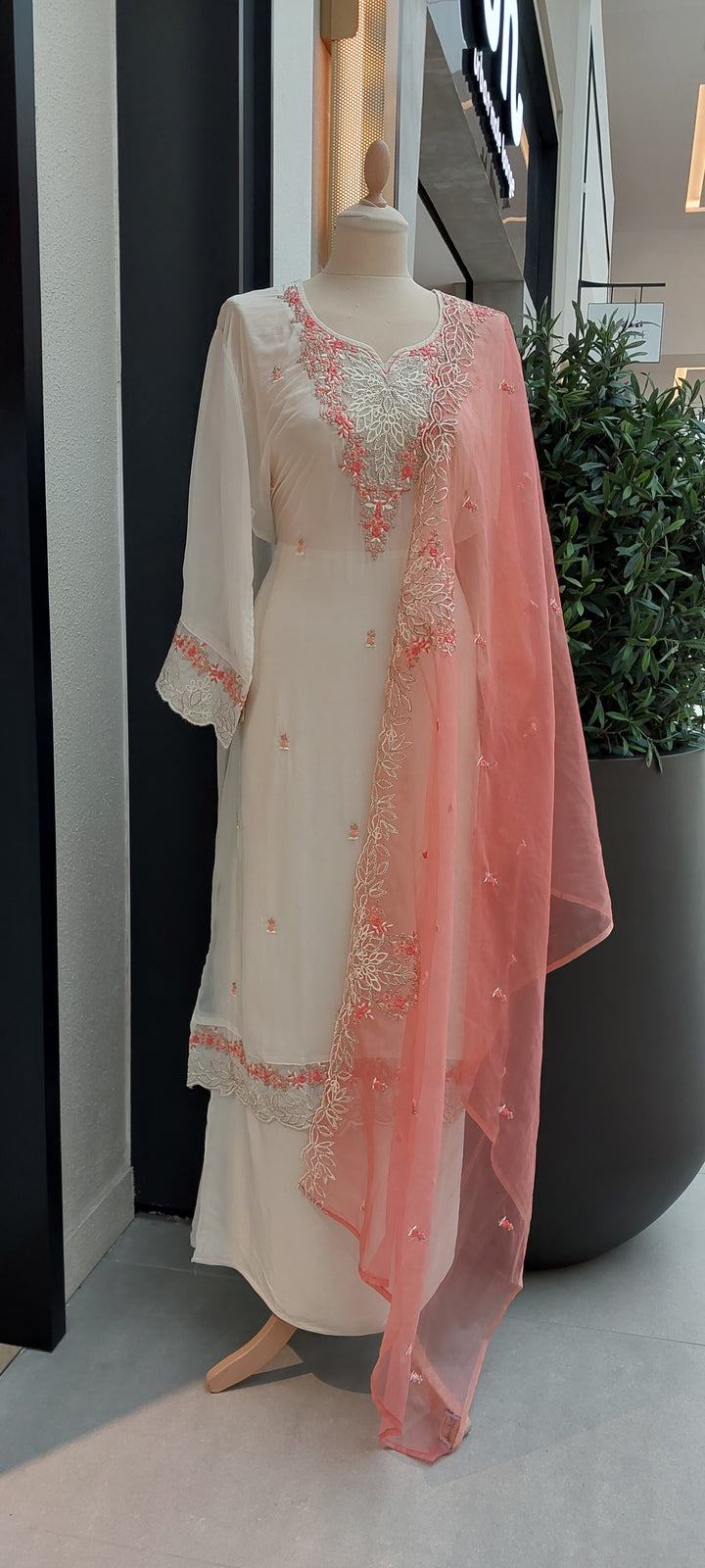 The ''Navya'' White and Peach Organza Silk  Suit Set Dupatta (Semi-Stitched)(New)