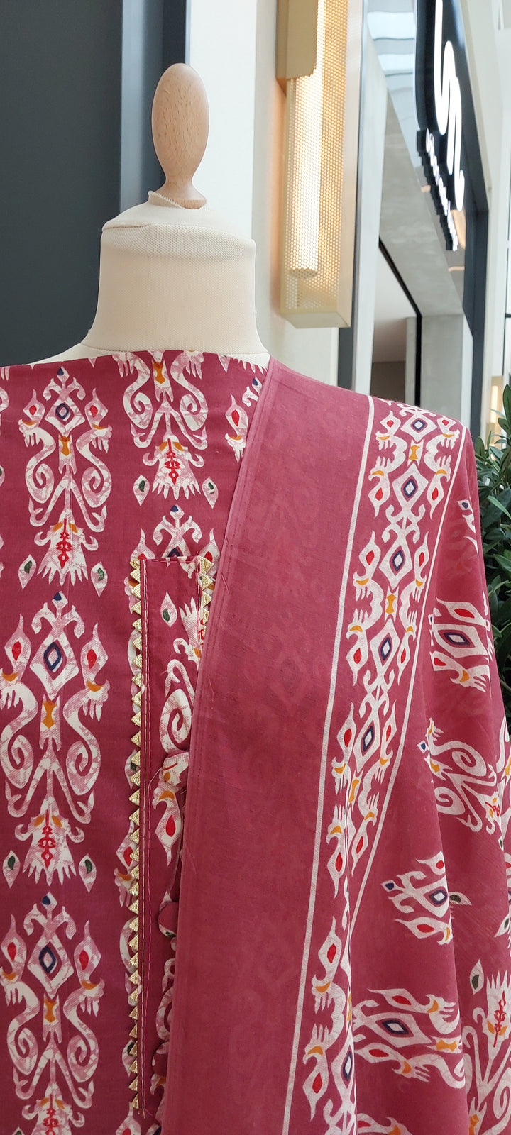 The "Gitasha" Maroon Cotton  Printed  Suit Set (Unstitched) (New)