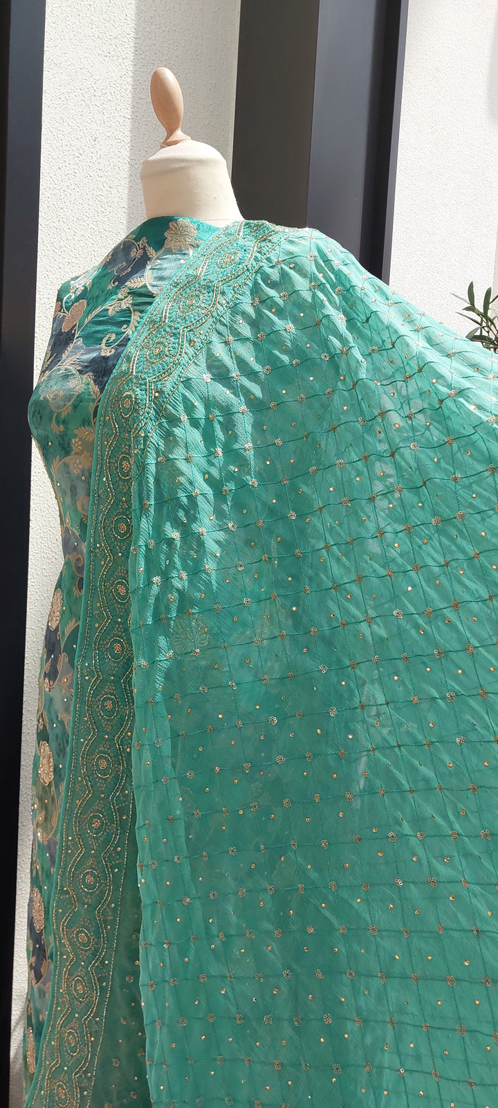 The ''Nutan''Turquoise Chanderi Silk Unstitched Suit (NEW)