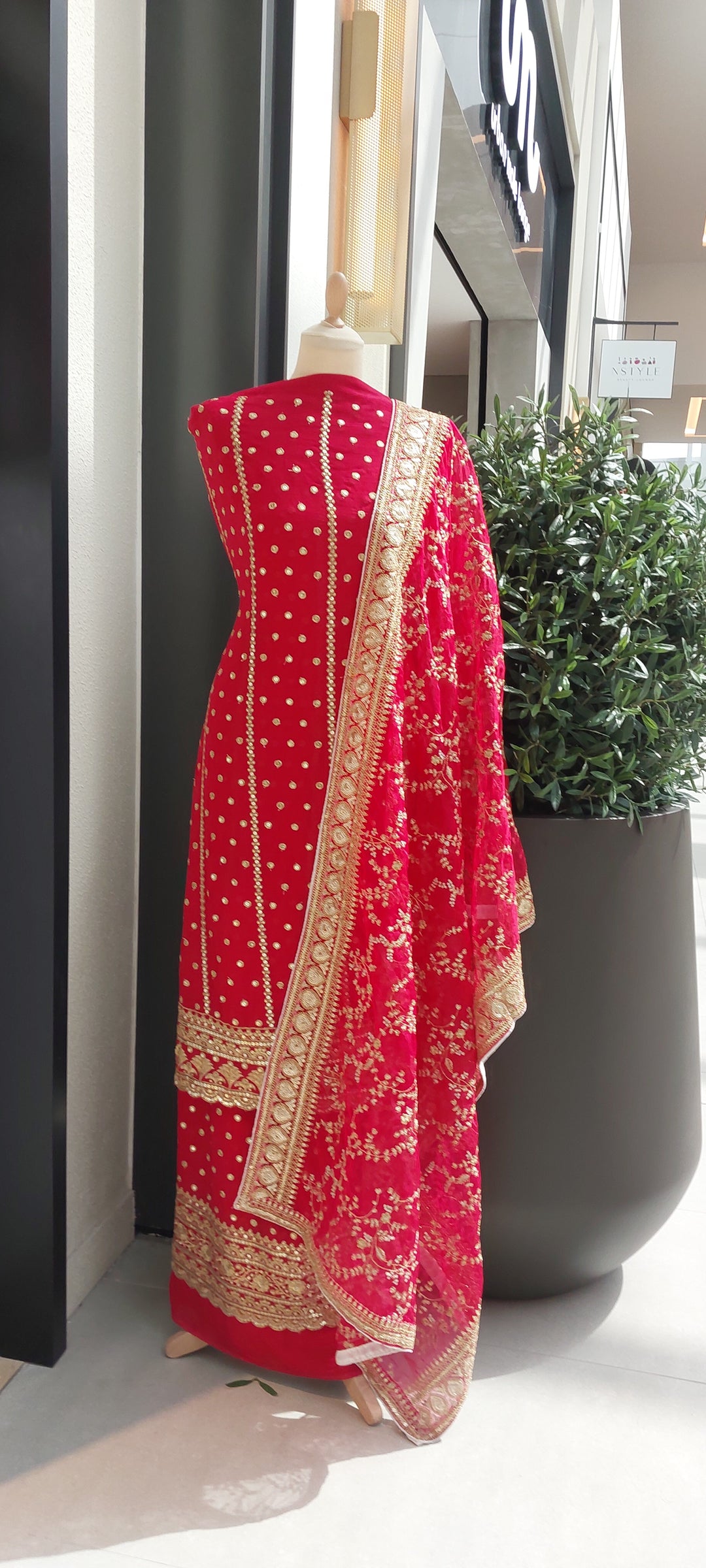 The "Bahara" Red Embroidered Georgette Suit Set (Unstitched)(NEW)