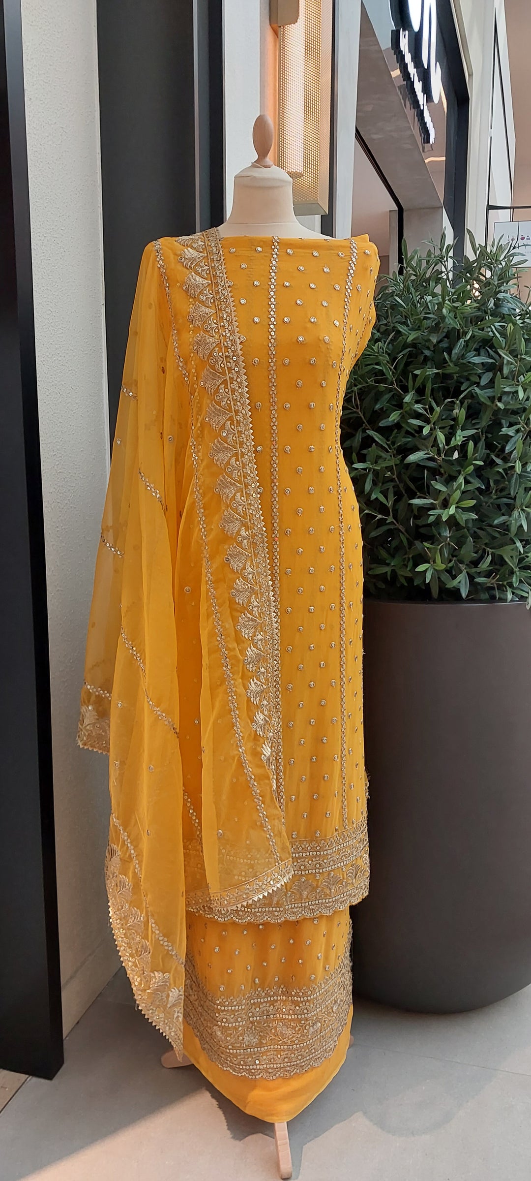 The "Bahara" Yellow Embroidered Georgette Suit Set (Unstitched)(NEW)