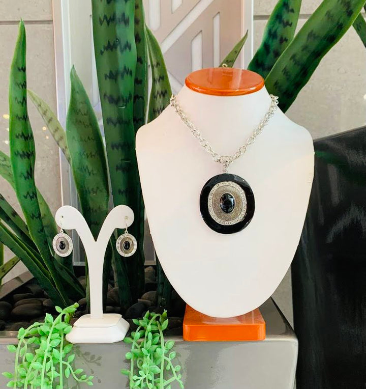 No Nazar Good Vibes Black and White Resin and Crystal Necklace and Earrings Set
