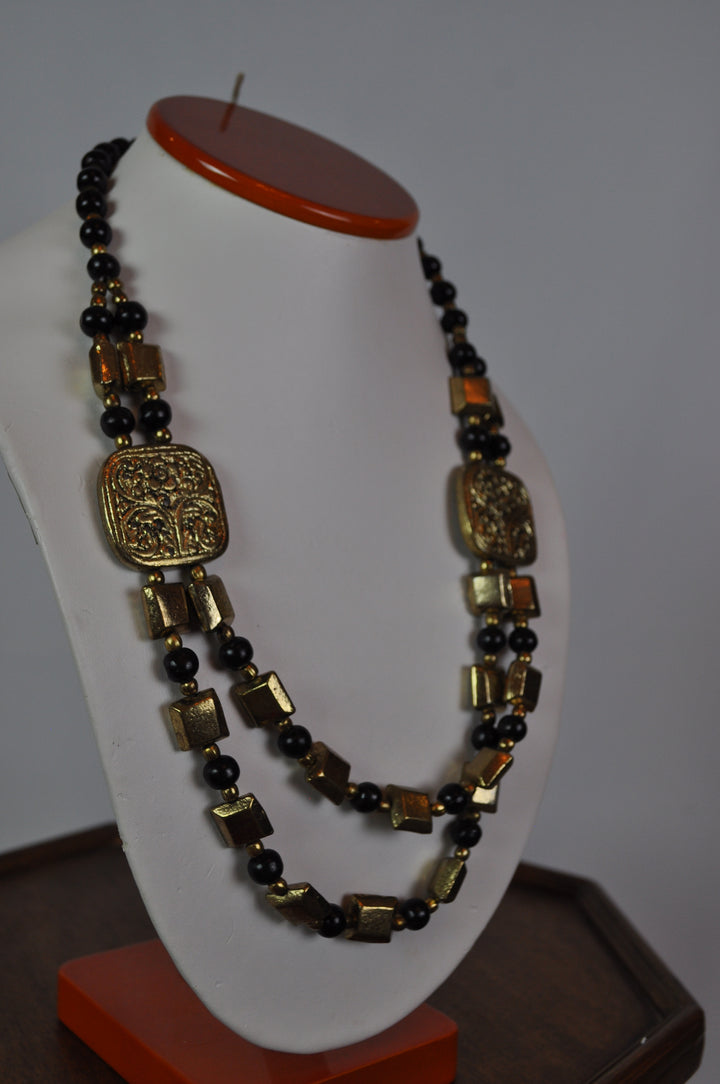 Tabassum Black and Gold Metallic Square Bead Double-Strand Necklace