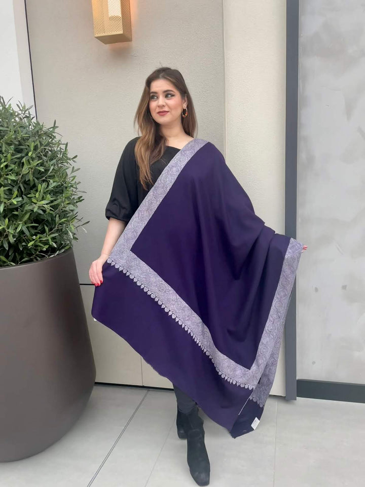 Faizan Royal Purple Pashmina Shawl With Embroidered Borders