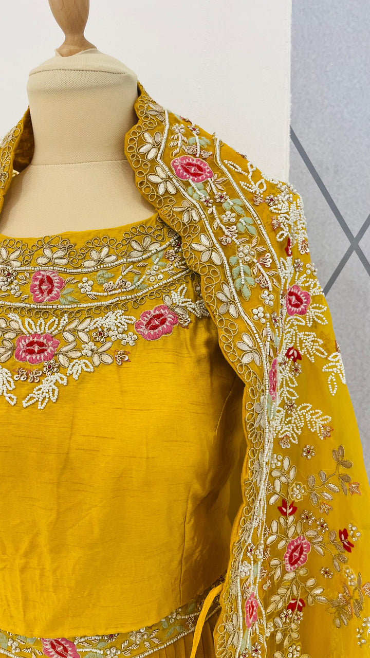 Navya Mustard Yellow and Pink Floral Cape and Lehenga Set (Ready-to-Wear)