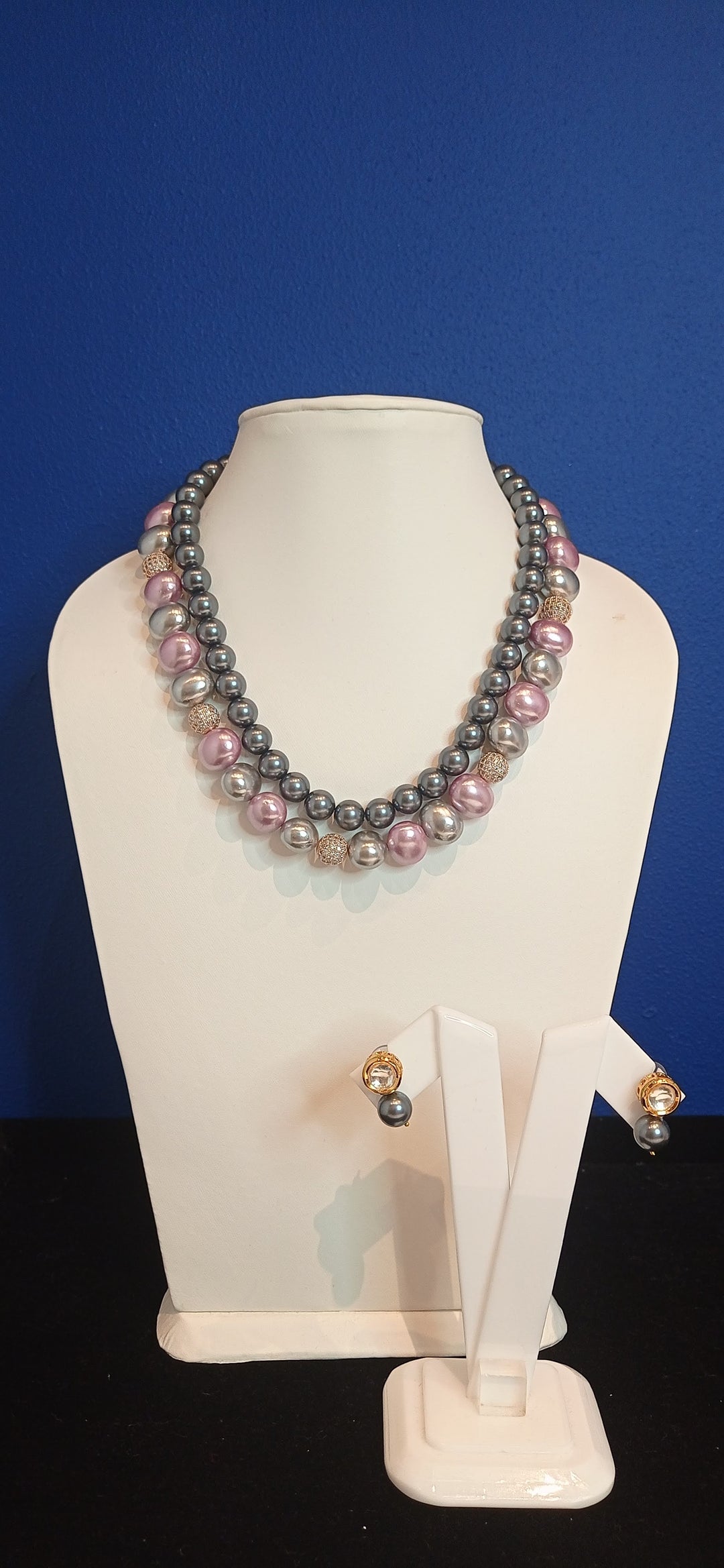 Anoushka Gray, Pink, and Rose Gold Pearl Double-Strand Necklace and Earrings Set