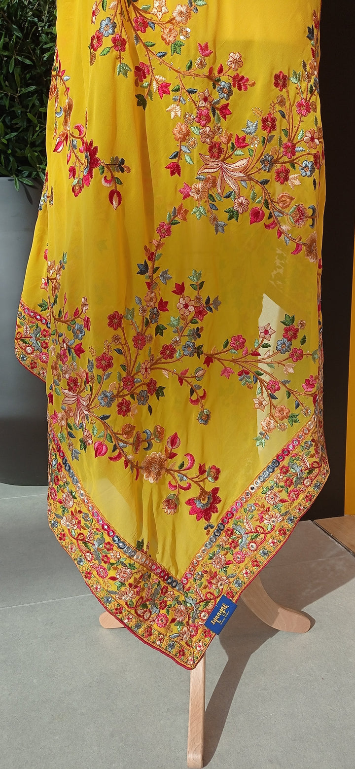 Aahiliya Yellow Georgette Floral Dupatta with Mirrorwork