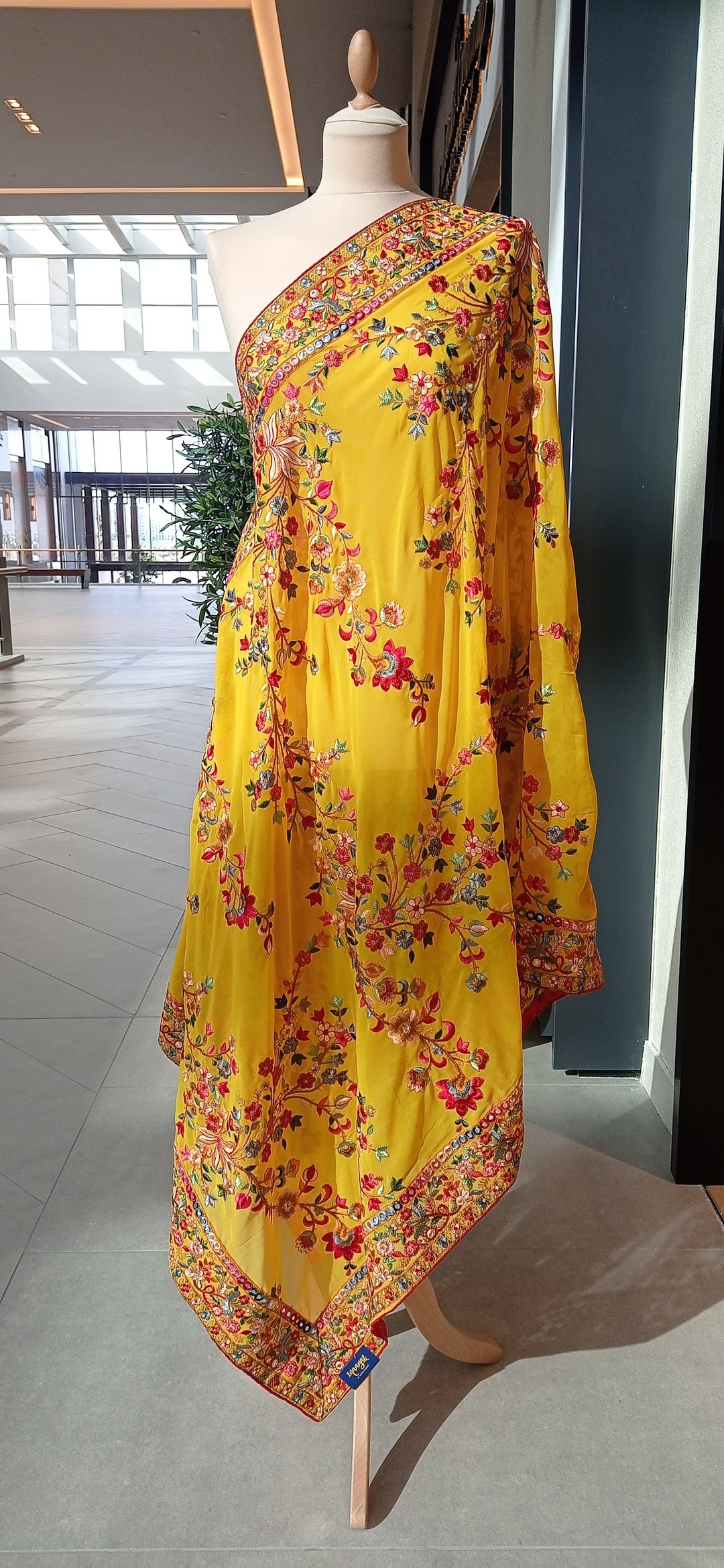 Aahiliya Yellow Georgette Floral Dupatta with Mirrorwork
