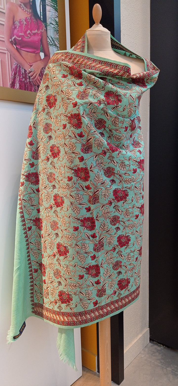 Nina Mint Cashmere Shawl With Floral Embroidery