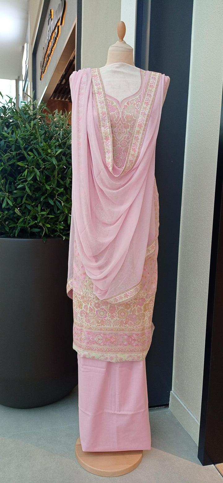 Gitasha Pink, Cream, and White Floral Cotton Silk Suit (Unstitched)