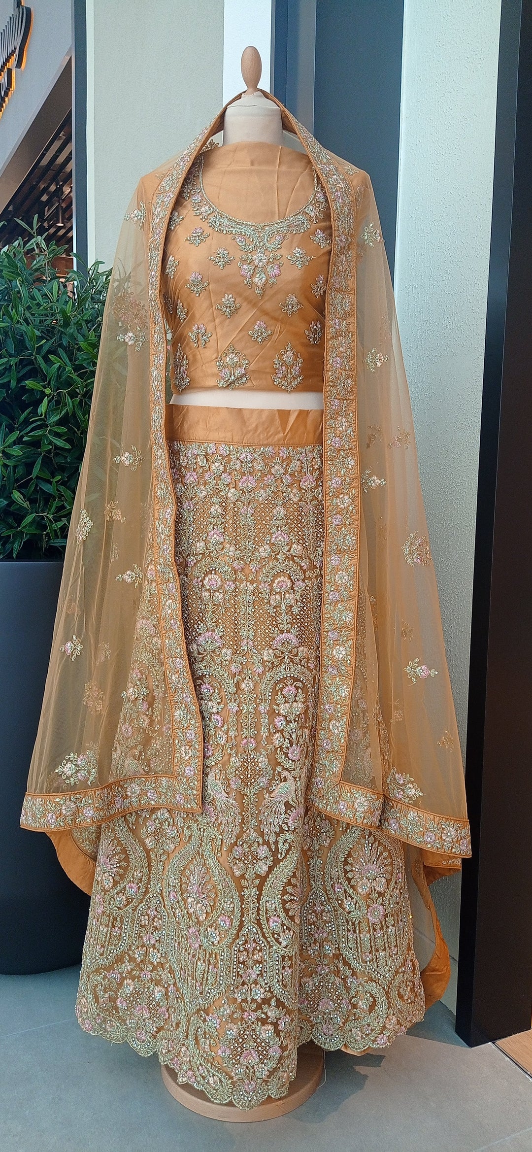 Shagun Metallic Nude Satin Lehenga with Pink and Silver Peacocks (Unstitched)