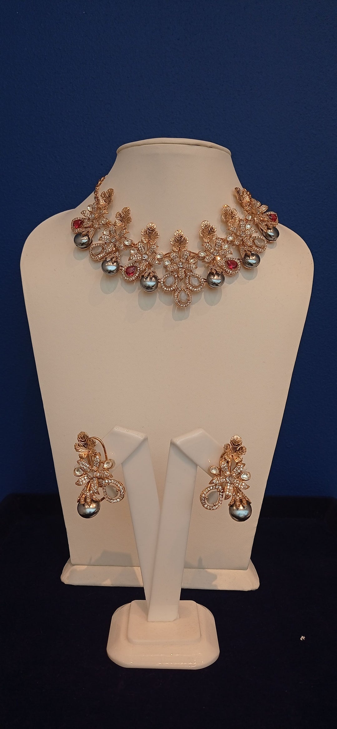 Rowena Masterpiece Silver Pearls, Imitation Rubies, and CZ Diamond Necklace and Earrings Set