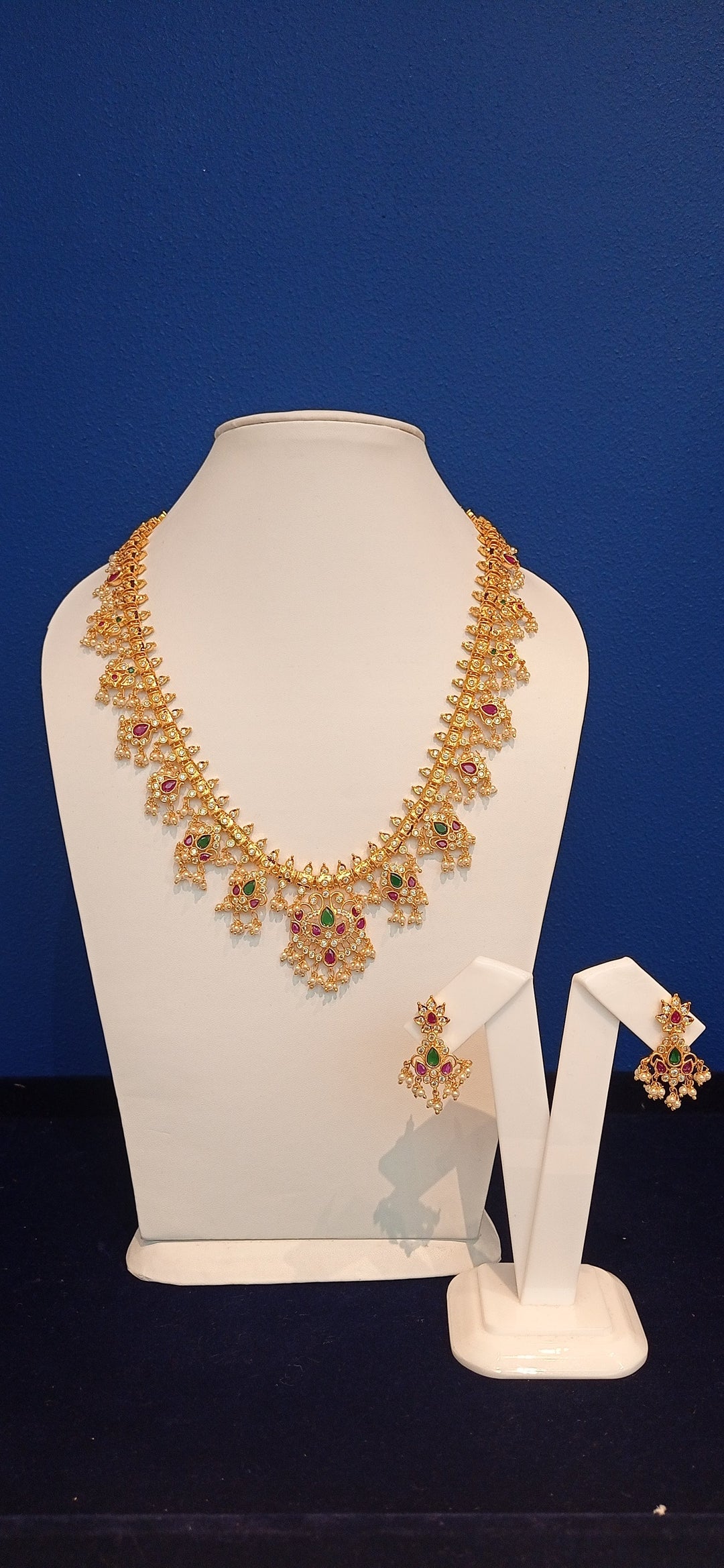 Subhadra Delicate Imitation Gold, Ruby and Emerald Necklace and Earrings Set