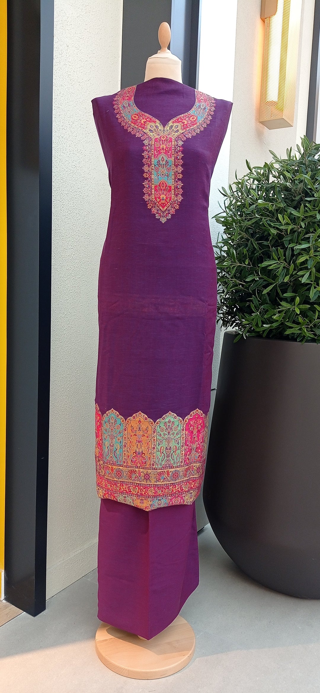 Gitasha Royal Purple Cotton Silk Suit Set with a Colorful Dupatta (Unstitched)