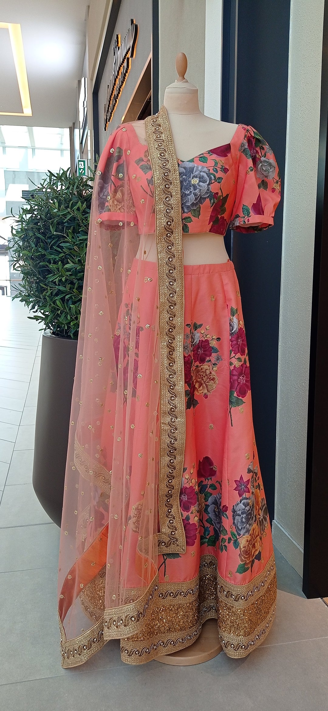 Flora Neon Orange Lehenga with Printed Florals and a Gold Sequins Border (Ready-to-Wear)