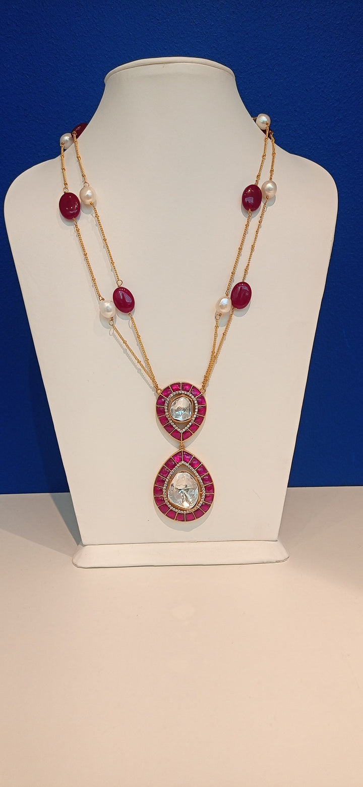 Kayara Ruby and Moissanite Necklace and Earrings Set plated in 22k Gold